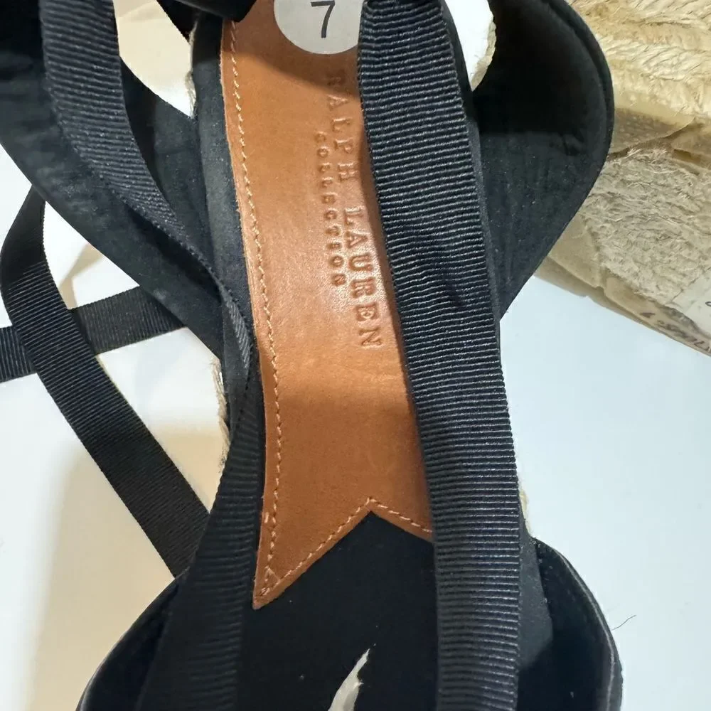Ralph Lauren Black Uma Espadrille Wedge Ankle Wrap Platform Sandals Size 37